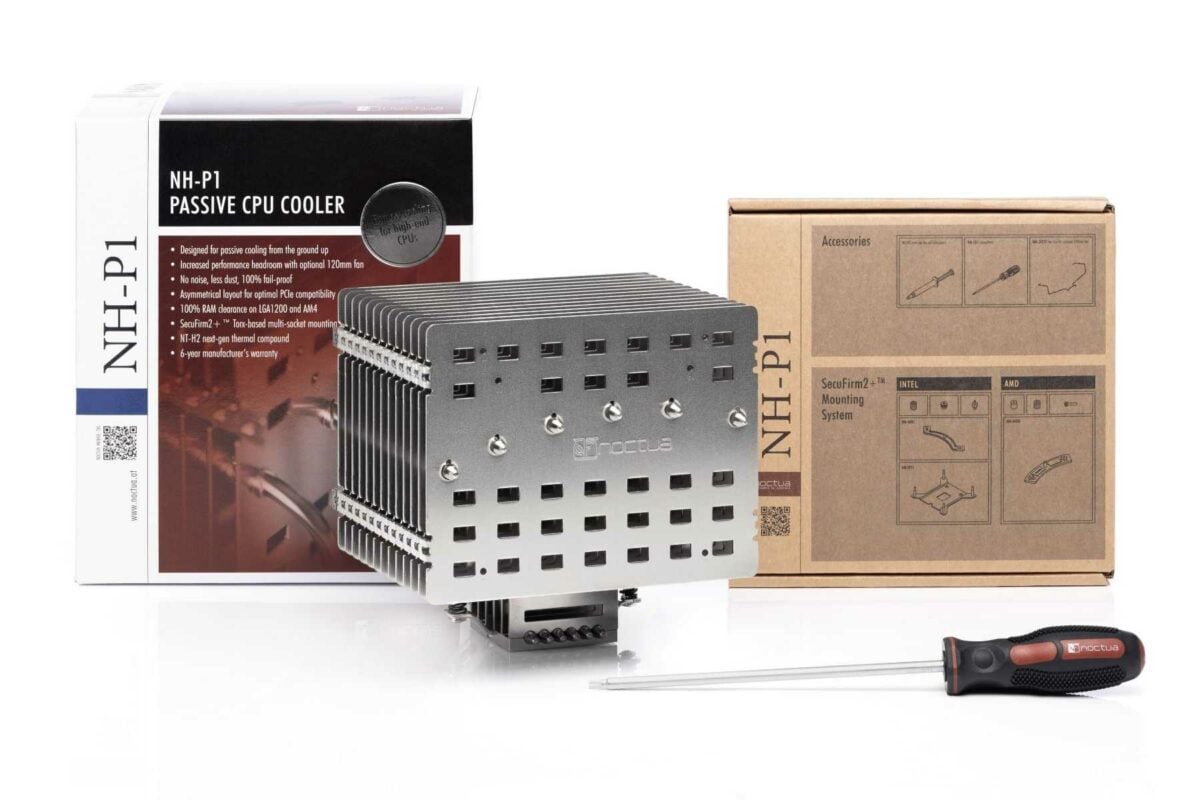 Noctua NH-P1 product image with package contents, including a screwdriver.