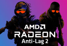 Counter-Strike 2 key art, with a counter-terrorist (left) and terrorist (right), featuring an AMD Radeon Anti-Lag 2 logo imposed atop them