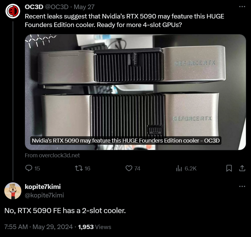 Kopite7kimi tweet about RTX 5090 cooler.