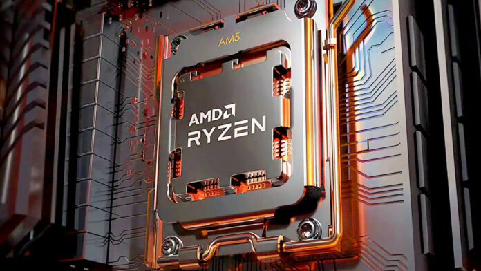 A 3D render of an AMD Ryzen processor in a Socket AM5 motherboard