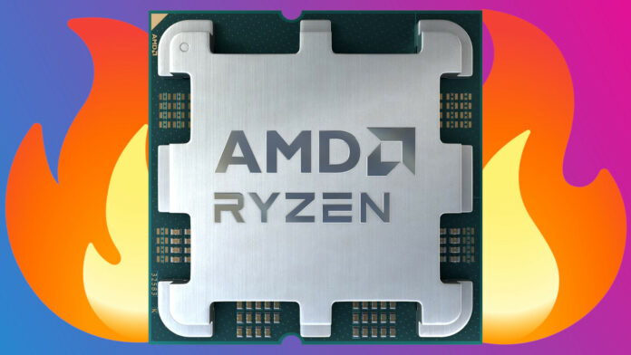 An AMD Ryzen CPU with two flames either side of it