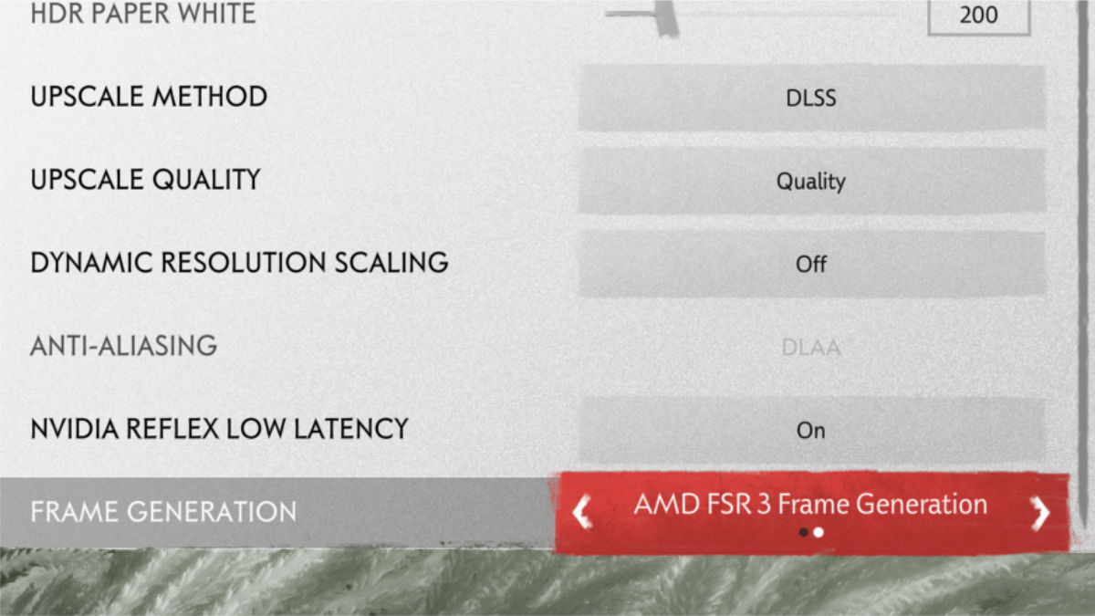 Ghost of Tsushima settings show Nvidia DLSS working with AMD FSR Frame Generation.