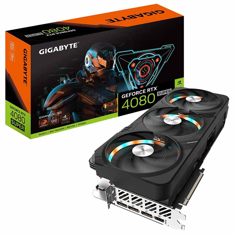 Gigabyte GeForce RTX 4080 Super Gaming OC with box against a white background.