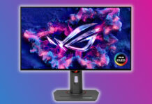 ROG Strix OLED XG27AQDMG gaming monitor against a blue-purple background