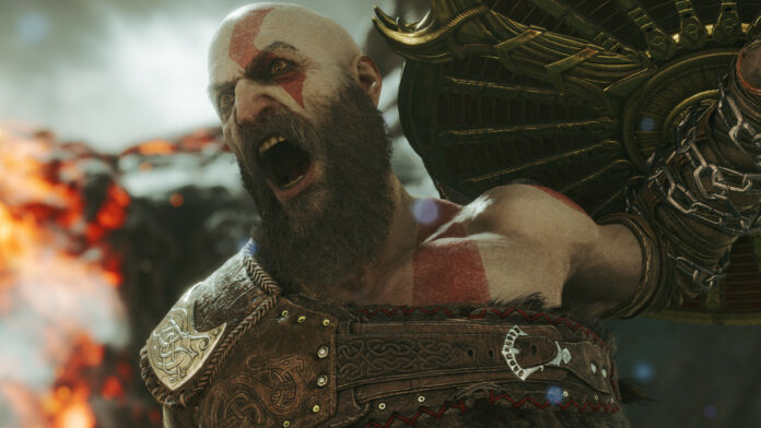 Kratos, God of War: Ragnarök's protagonist, wields a shield and screams