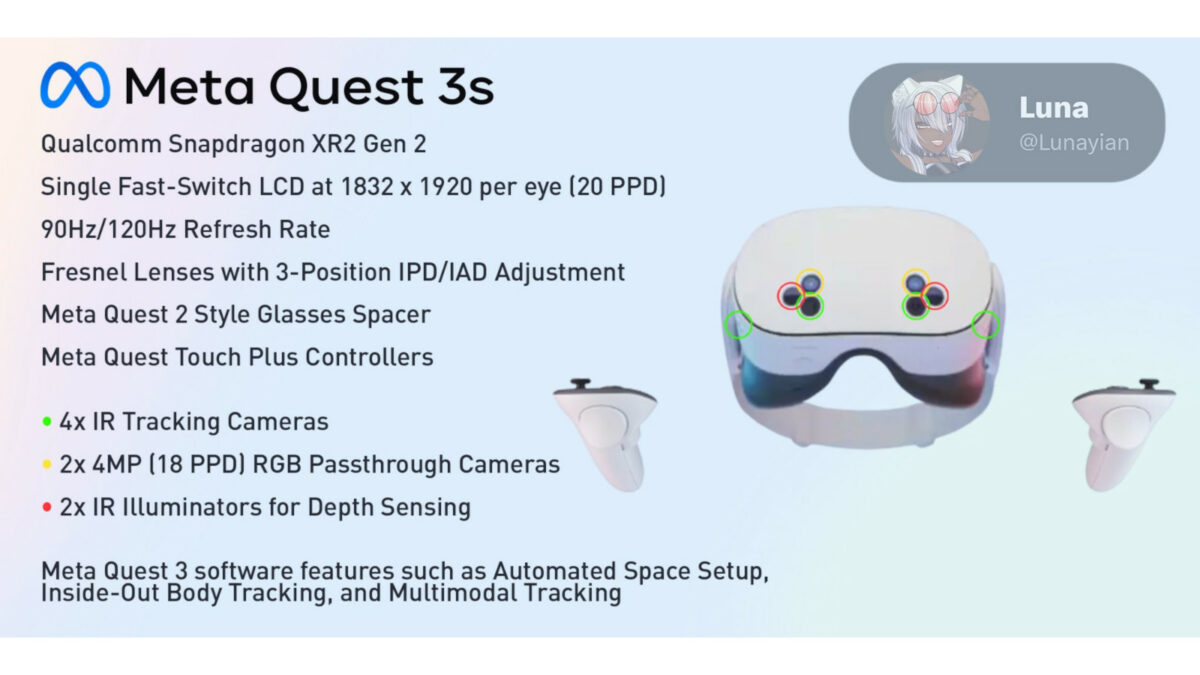 A screenshot from X, by user Lunayian, containing specs information about the Quest 3S VR headset