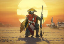 Key art for 3DMark's 'Steel Nomad' benchmark, in which the titular character kneels on rocky terrain against a low sun