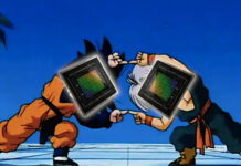 Two Nvidia GPU dies atop bodies of Dragon Ball Z characters in the middle of a fusion dance