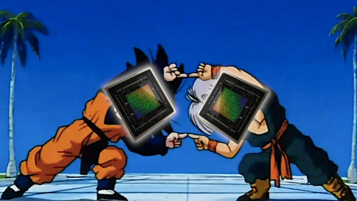 Two Nvidia GPU dies atop bodies of Dragon Ball Z characters in the middle of a fusion dance