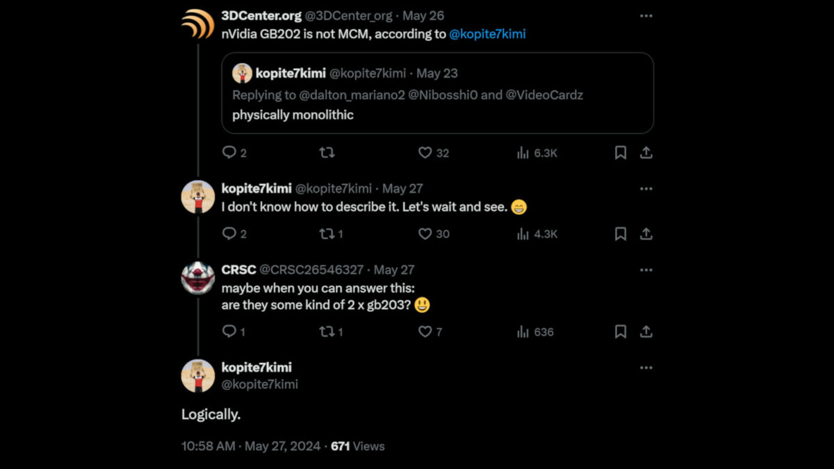 An X thread, between kopite7kimi and other X users discussing GeForce RTX 5090 GPU die GB202