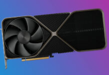 Nvidia RTX Founders Edition graphics card, with one partially pixelated, against a two-tone blue-purple background