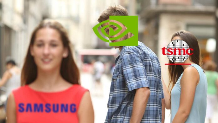 The "distracted boyfriend" meme with Nvidia looking away from TSMC towards Samsung.