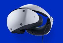 Sony PSVR 2 virtual reality headset against a blue background.