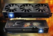 An Intel Arc graphics card featuring Elden Ring stylings from two different perspectives, showcasing its fans (top) and backplate (bottom)