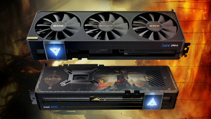 An Intel Arc graphics card featuring Elden Ring stylings from two different perspectives, showcasing its fans (top) and backplate (bottom)