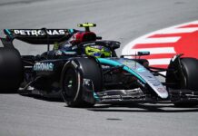 Lewis Hamilton cutting close to a chicane during Spanish Grand Prix.