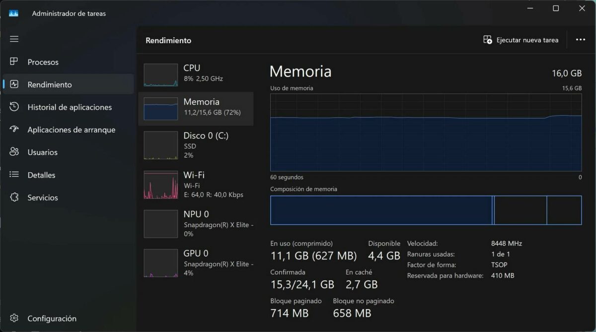 Windows Task Manager showing a Snapdragon X Elite CPU.