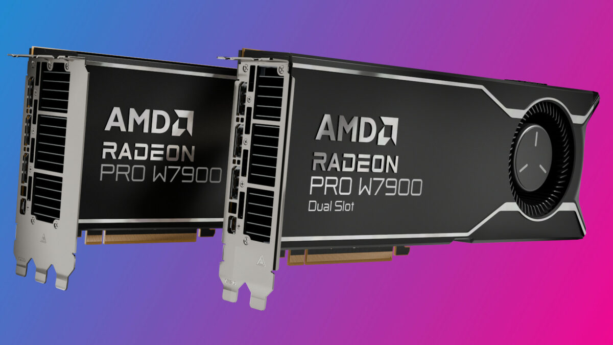 An AMD Radeon Pro W7900 Dual Slot graphics card (right), with a Radeon W7900 behind it (left) against a two-tone, blue-pink background