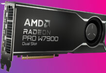 An AMD Radeon Pro W7900 Dual Slot graphics card against a two-tone, blue-pink background