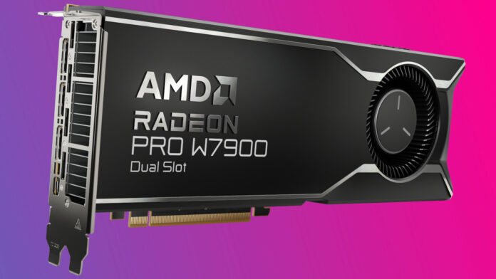 An AMD Radeon Pro W7900 Dual Slot graphics card against a two-tone, blue-pink background