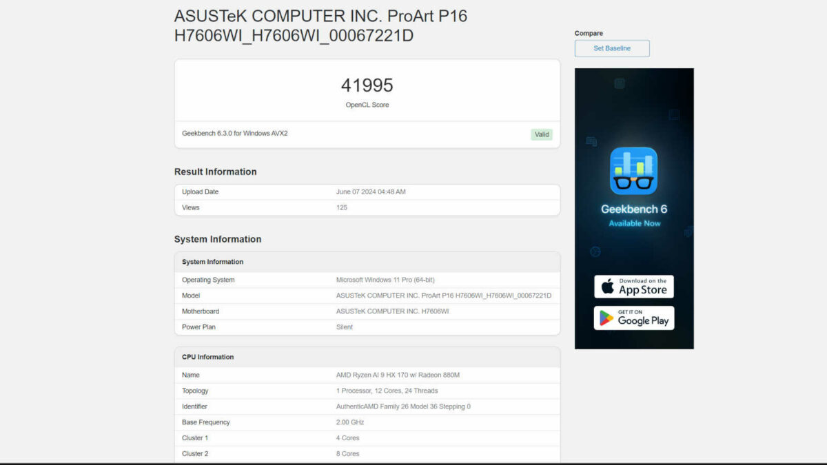 Geekbench 6 results for AMD Ryzen AI 9 HX 170 (370) and Radeon RX 880M (890M)