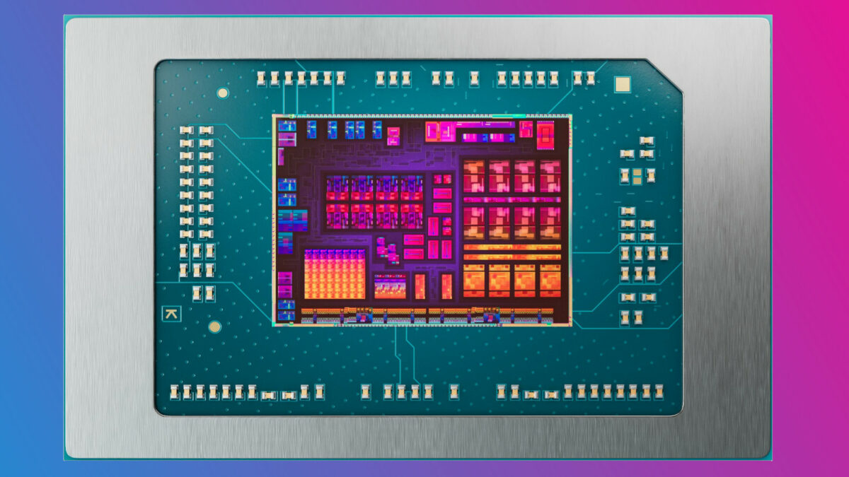 Ryzen AI 300 series processor, its individual components lit up in a thermal-style heat map