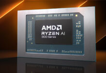 AMD Ryzen AI 300 series processor, against a black and orange background