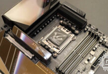 A Gigabyte Aorus X870E motherboard, looking down at its AM5 socket