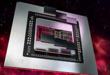 A 3D render of an AMD GPU die, against a red background