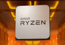 AMD Ryzen Socket AM4 processor, floating in an orange-lit industrial room