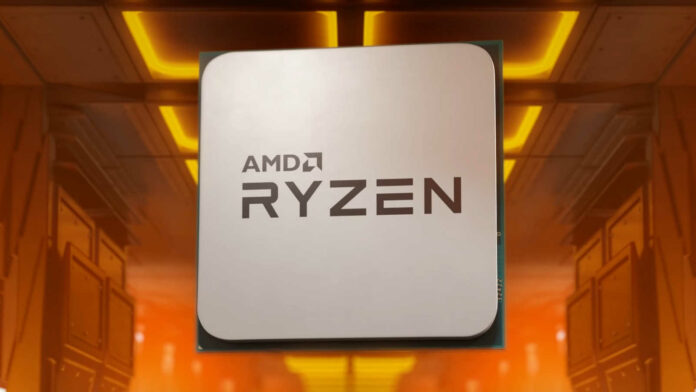 AMD Ryzen Socket AM4 processor, floating in an orange-lit industrial room