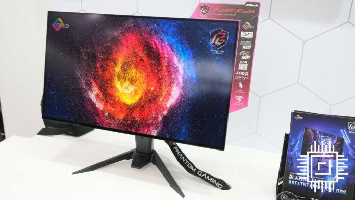 ASRock PGO32UFS28 gaming monitor, displaying a bright dust plume of varying colours