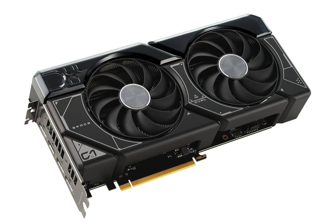 Asus GeForce RTX 4070 12G Dual Evo graphics card against a white background.