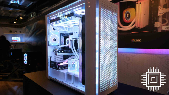 Side view of Corsair 9000D RGB Airflow super tower PC case, with its tempered glass side panel (left) and semi-transparent front panel (right)