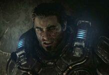 Marcus Fenix, protagonist of Gears of War: E-Day, with a pained expression on his blood-spattered face