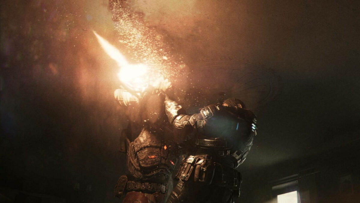 Marcus Fenix, protagonist of Gears of War: E-Day, fires his weapon (right) while struggling against a Locust (left)