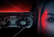 An AMD Radeon graphics card (left) floating in space next to a human face (right)