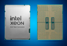 A top-down view of Intel Xeon 600 (left) and its underside pin-array (right)