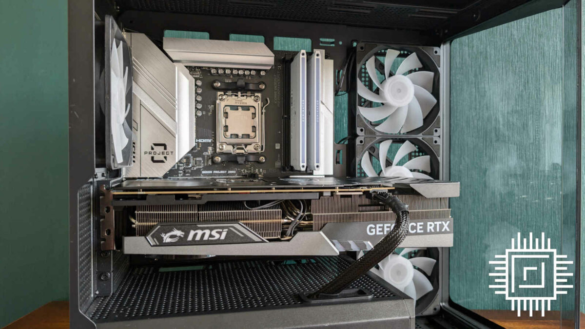 MSI B650M Project Zero populated with components, inside a PC case