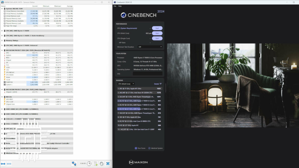 A screenshot of HWInfo (left) and Cinebench 2024 (right), containing data from a multi core benchmark run on MSI B650M Project Zero