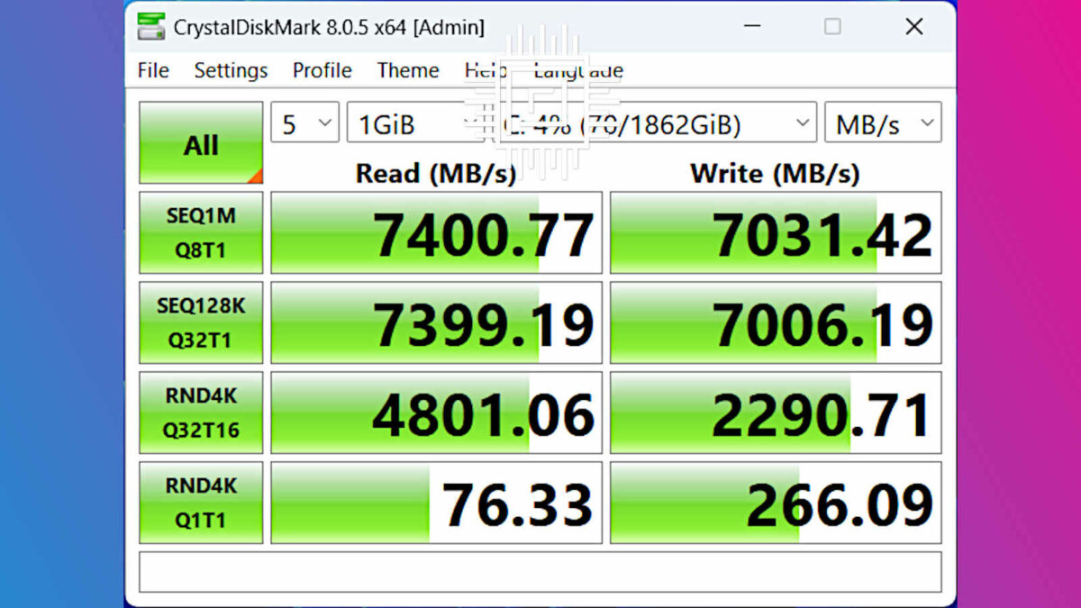 A screenshot of CrystalDiskMark containing data from a multi core benchmark run on MSI B650M Project Zero