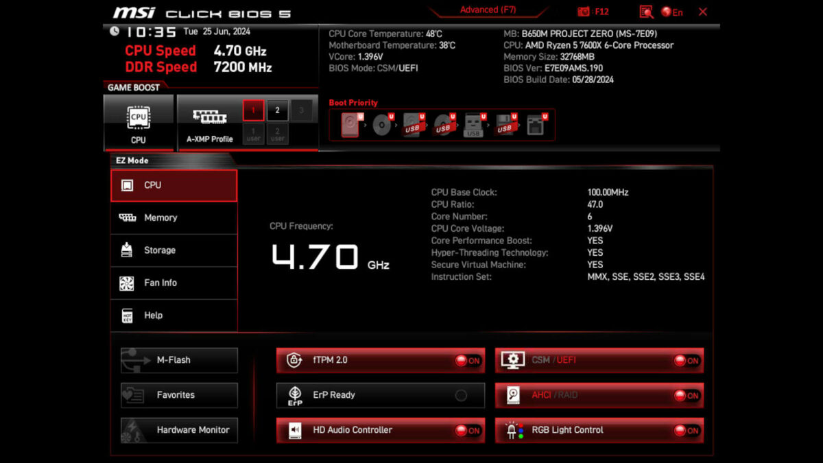 Screenshot of MSI B650M Project Zero BIOS