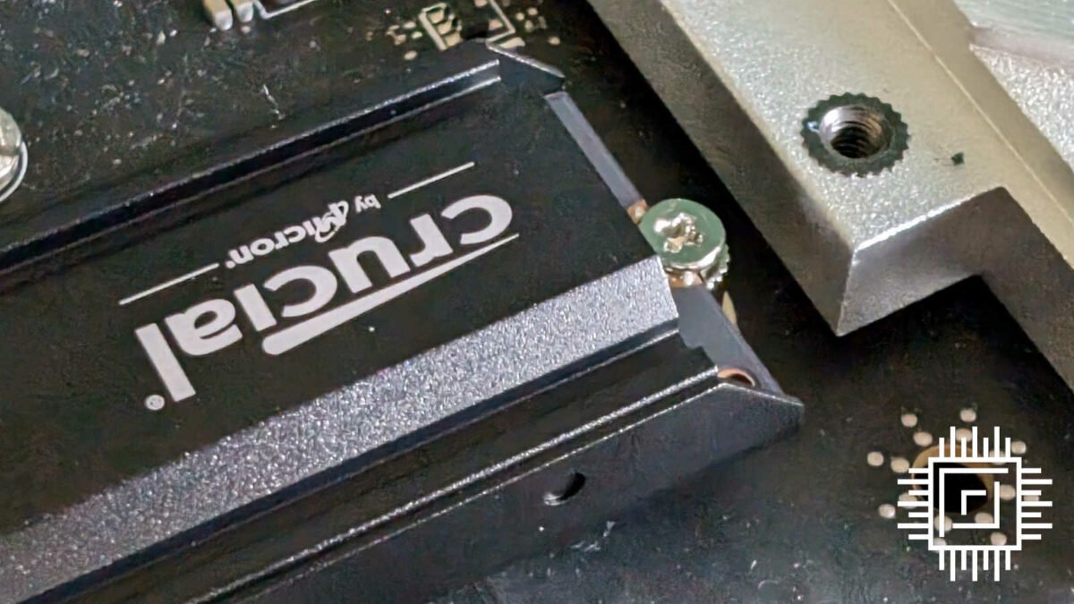 A close up of a Crucial SSD inserted into MSI B650M Project Zero