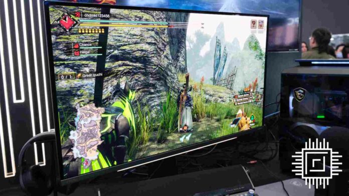 MSI MEG 321URX AI gaming monitor playing Monster Hunter.