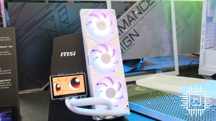 MSI MPG Coreliquid P series cooler, with its display facing outwards (left) and radiator and fans spinning (right)