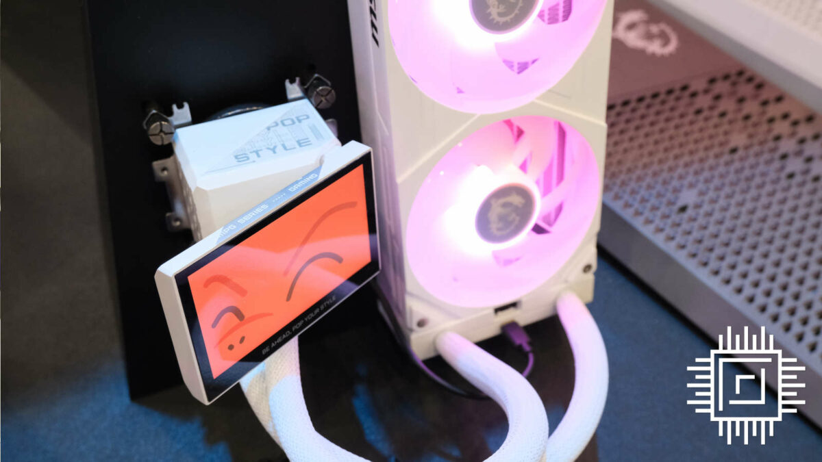 MSI MPG Corequid P series AIO cooler, with its radiator and fans (right) and display tilted inwards (left)