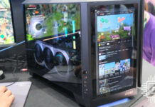 MEG Vision X AI PC, showcasing its front panel display (right) and internal components (left)