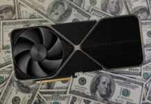 An Nvidia GeForce RTX 4090 Founders Edition graphics card atop a pile of $100 bills