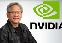 Jensen Huang, Nvidia CEO, (left) next to a logo of his company (right)