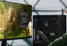 A player (right) is playing Ark: Survival Ascended and using Nvidia G-Assist on their monitor (left)